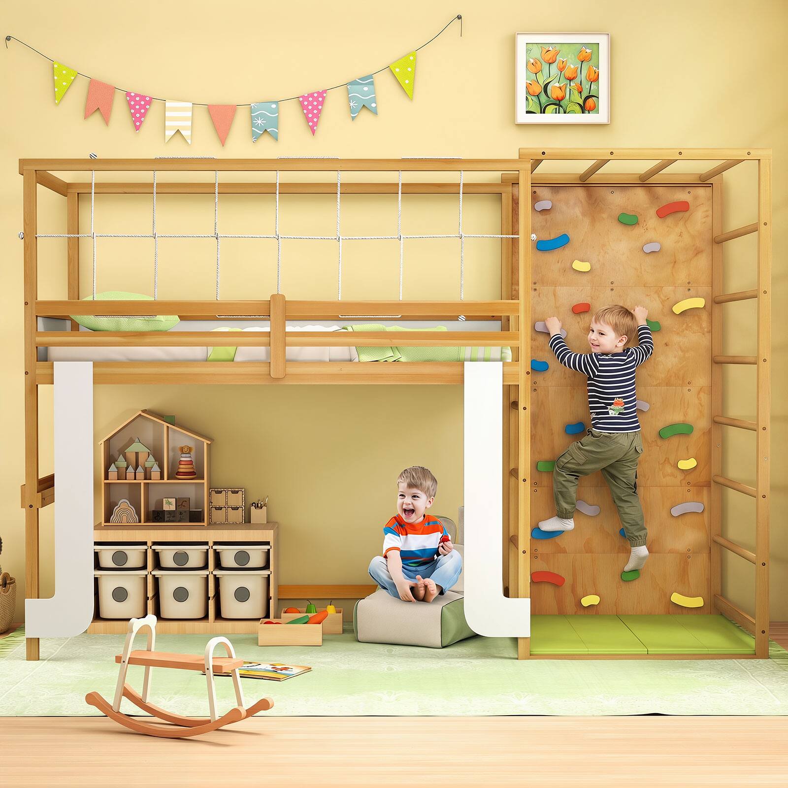 Alt View 1. Costway - Costway Twin Bunk Bed with Jungle Gym, Climbing Ladder, Rock Wall & Monkey Bar - Natural + White.