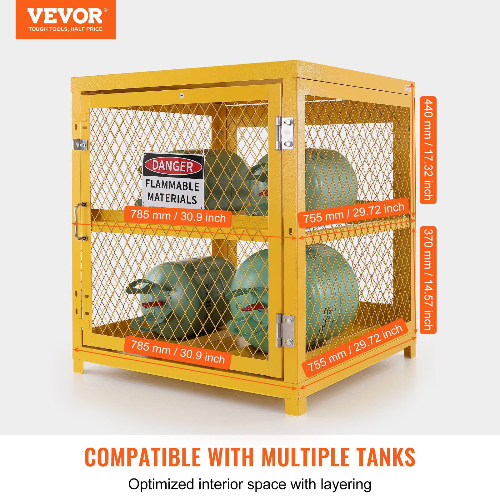 VEVOR  
TOUGH TOOLS, HALF PRICE  

DANGER  
FLAMMABLE MATERIALS  

785 mm / 30.9 inch  
755 mm / 29.72 inch  
440 mm / 17.32 inch  
370 mm / 14.57 inch  

COMPATIBLE WITH MULTIPLE TANKS  
Optimized interior space with layering