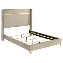Manhattan Lane - Jenny Queen Size Bed, Fluted Wingback Headboard, Beige Upholstery Gold Trim - Beige, Gold