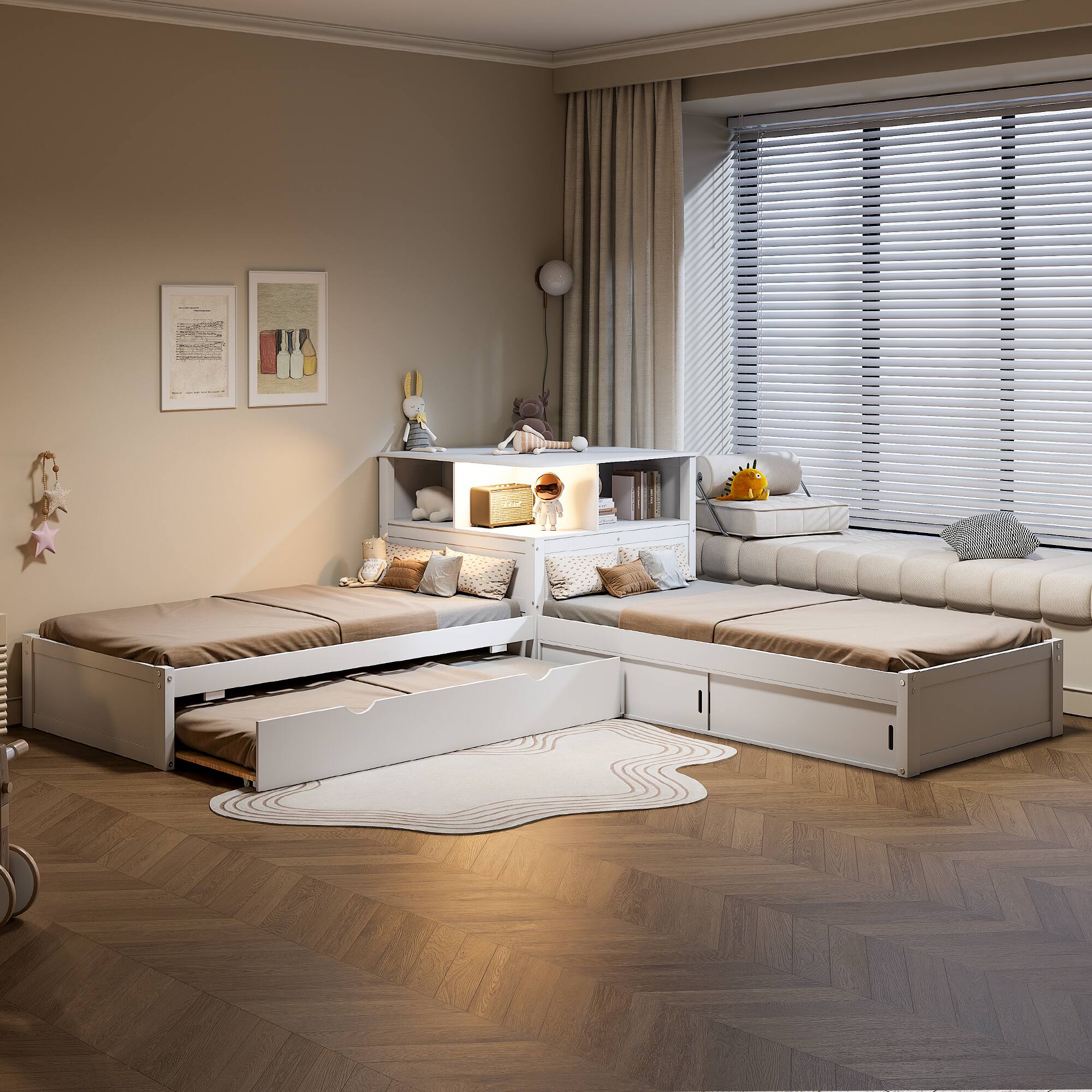 Left. Whisen - L-Shaped Twin Platform Bed with Trundle, Built-in Desk, Storage Cabinets & LED Lights, Wood Frame - White.