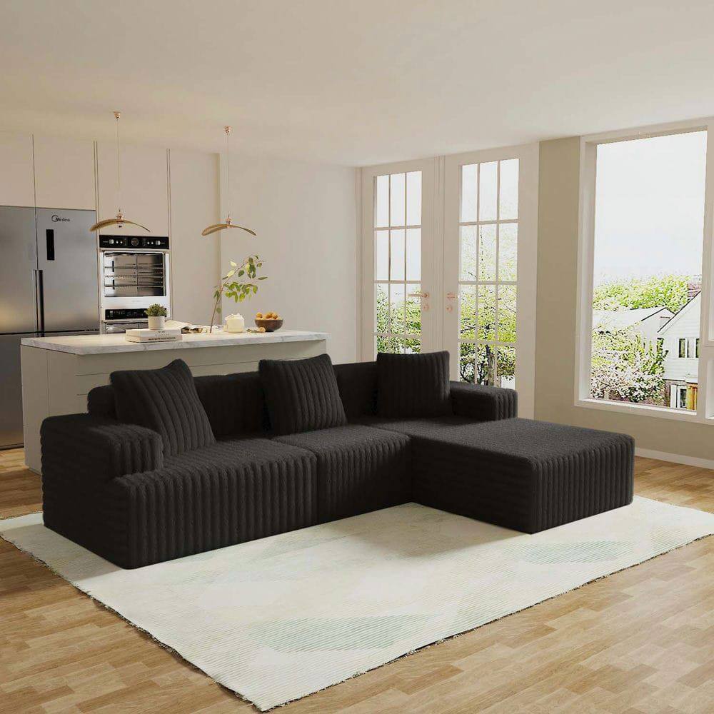 Kadyn - L-Shaped Sectional Sofa, Boneless Compression Design with Comfortable Chaise and Corduroy Fabric, Black - Black