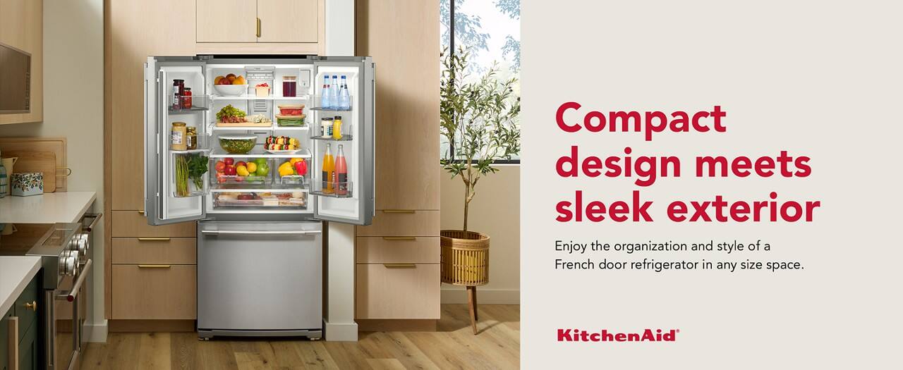 Compact design meets sleek exterior  
Enjoy the organization and style of a French door refrigerator in any size space.  
KitchenAid