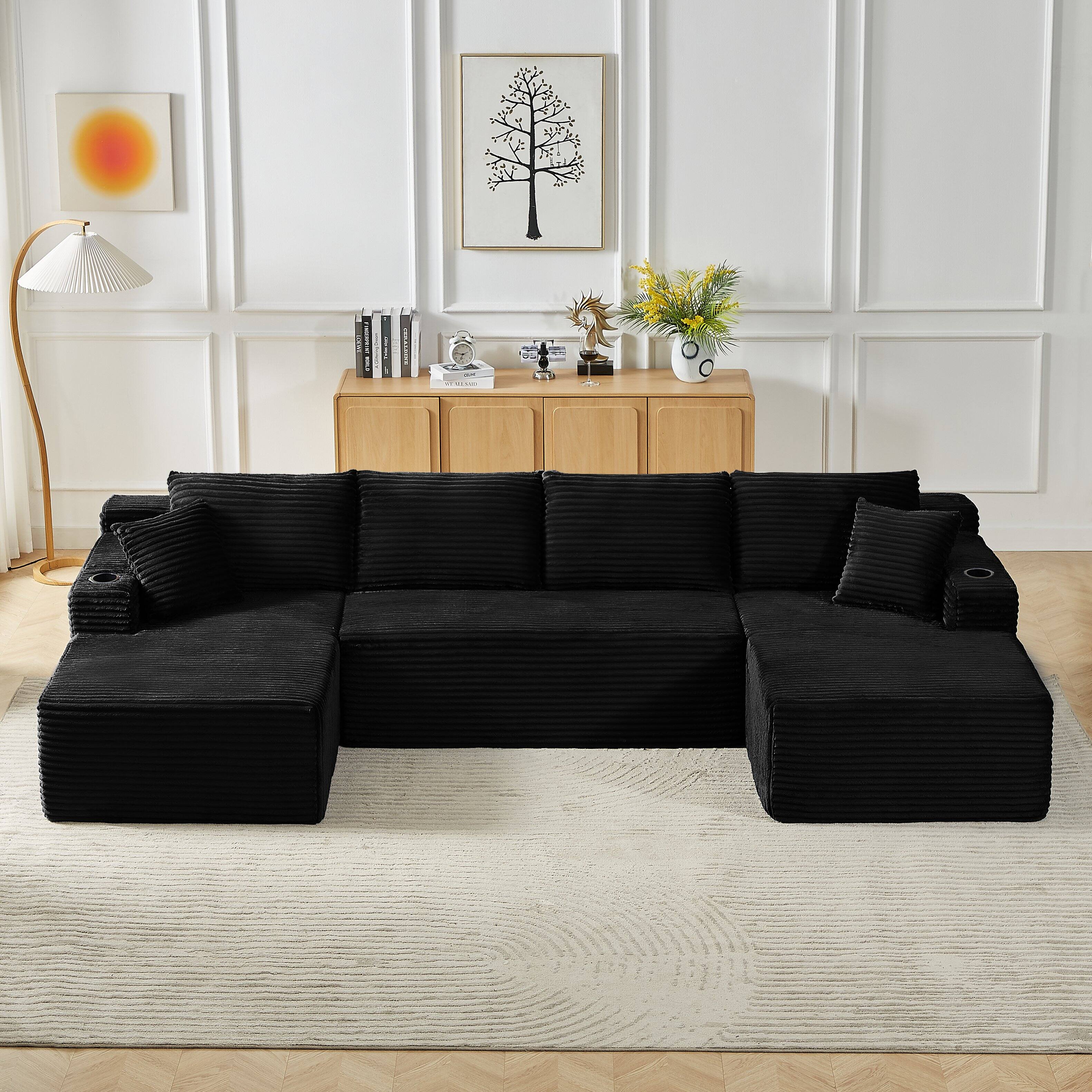 Angle. Aukfa - U-Shaped Sectional Sofa Set - Minimalist Modular Design, Corduroy Cloud Couch for Living Room - Black.