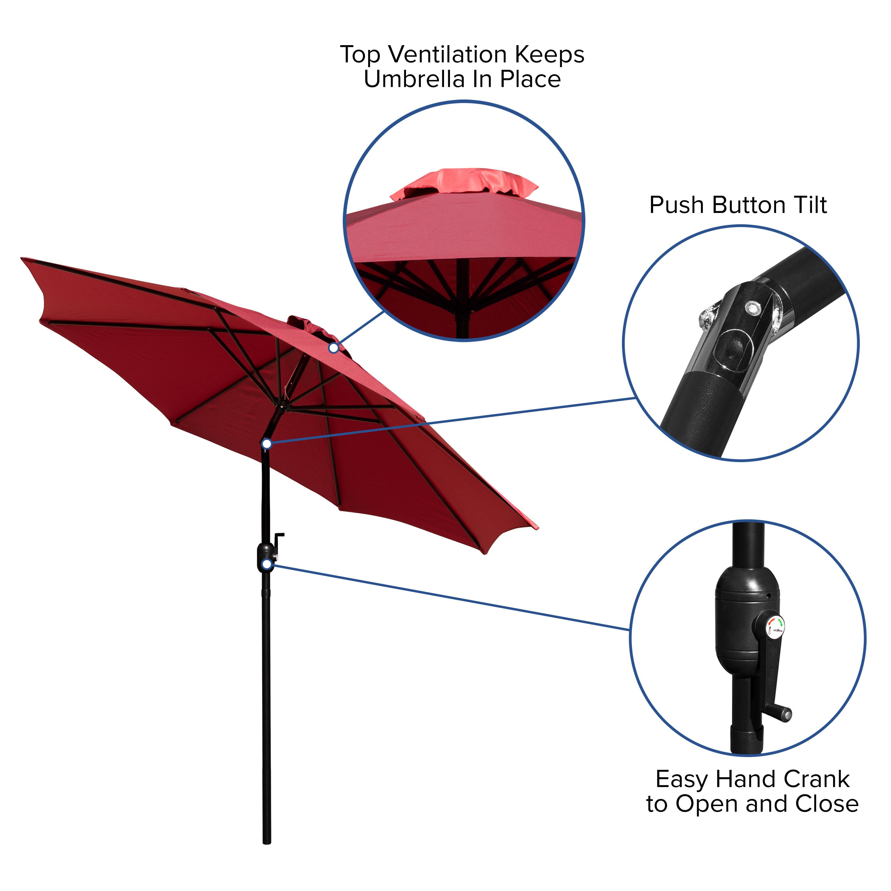 Top Ventilation Keeps Umbrella In Place  
Push Button Tilt  
Easy Hand Crank to Open and Close