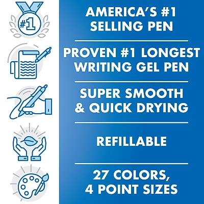 AMERICA'S #1 SELLING PEN  
PROVEN #1 LONGEST WRITING GEL PEN  
SUPER SMOOTH & QUICK DRYING  
REFILLABLE  
27 COLORS, 4 POINT SIZES