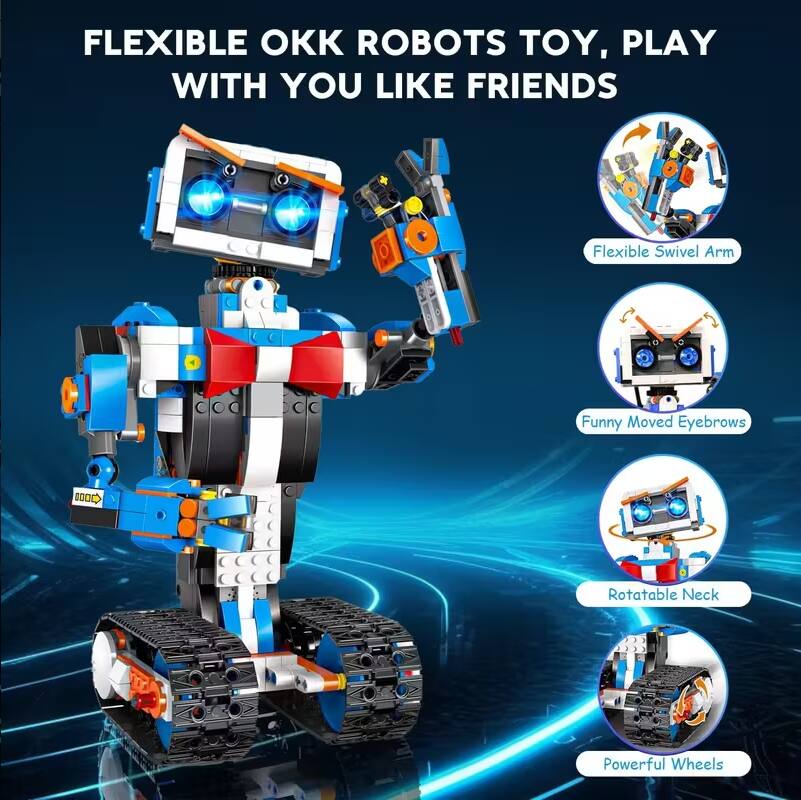 FLEXIBLE OKK ROBOTS TOY, PLAY WITH YOU LIKE FRIENDS

- Flexible Swivel Arm
- Funny Moved Eyebrows
- Rotatable Neck
- Powerful Wheels