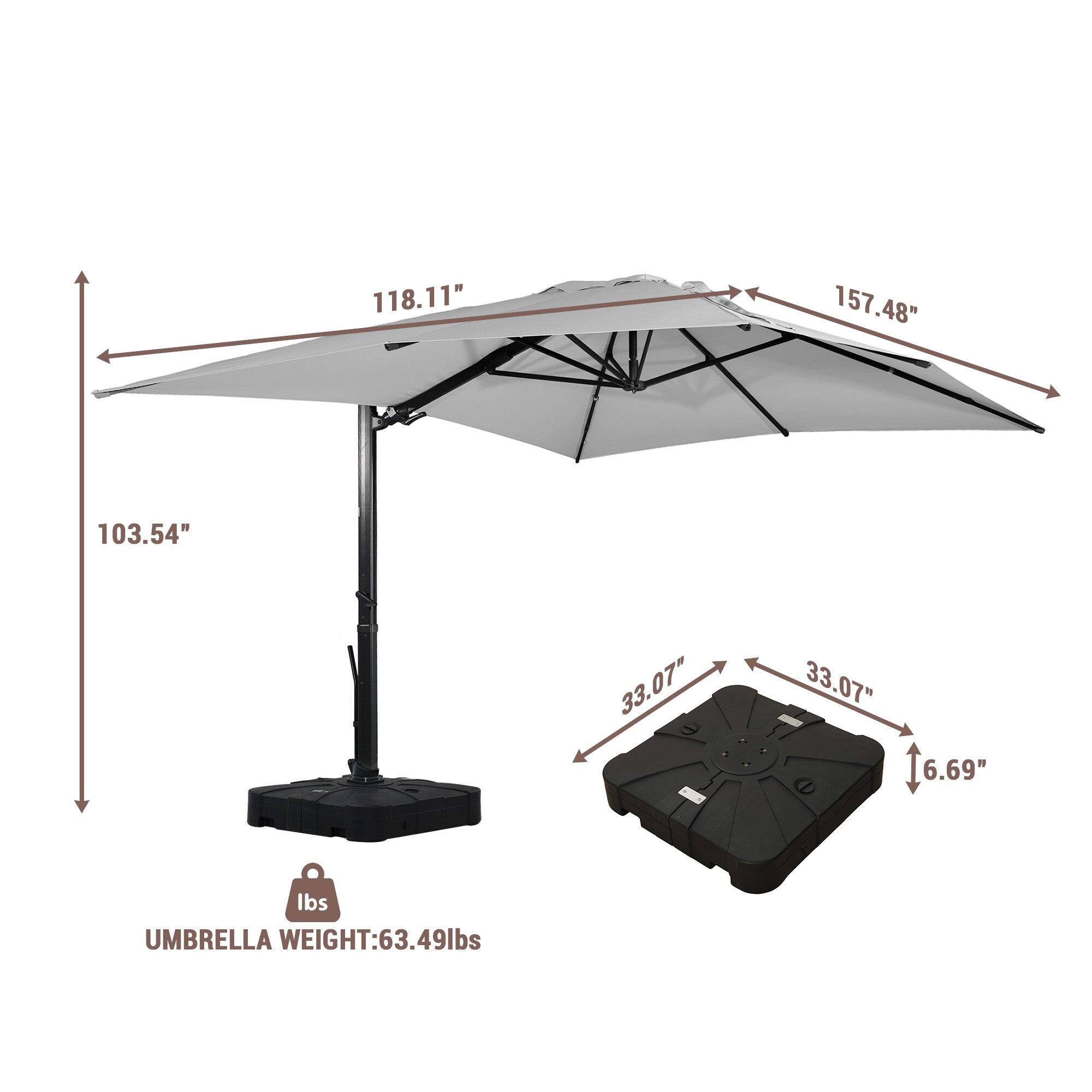 118.11"  
157.48"  
103.54"  
33.07"  
33.07"  
6.69"  
UMBRELLA WEIGHT: 63.49 lbs