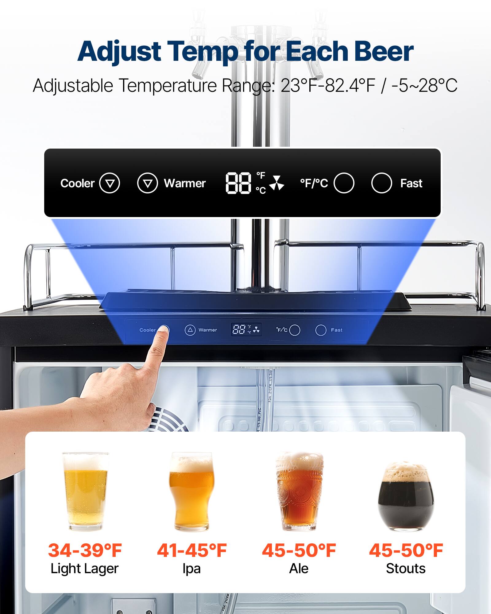 Adjust Temp for Each Beer  
Adjustable Temperature Range: 23°F-82.4°F / -5~28°C  

Cooler ▼ Warmer  
°F/°C Fast  

34-39°F Light Lager  
41-45°F IPA  
45-50°F Ale  
45-50°F Stouts