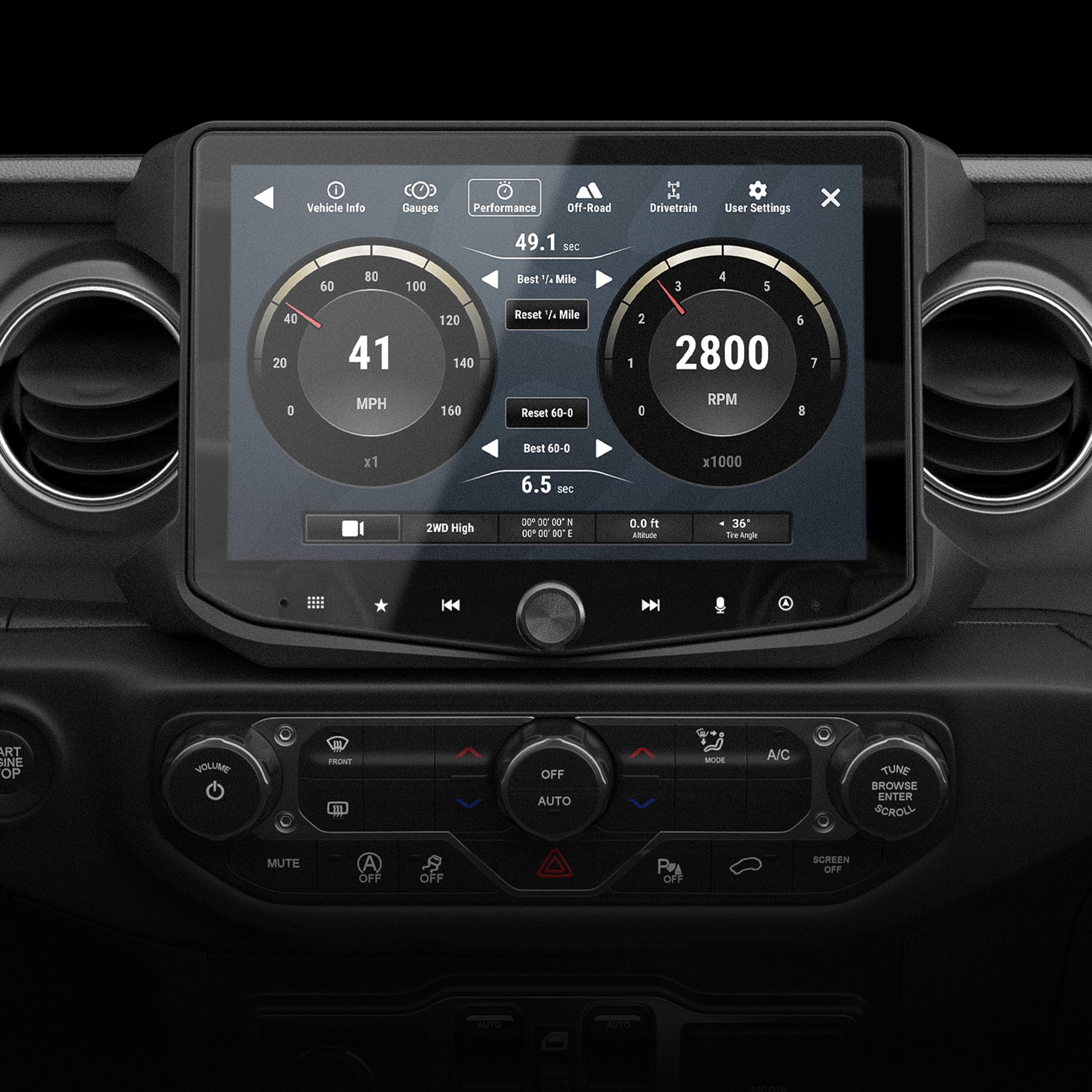 Vehicle Info Gauges Performance Off-Road Drivetrain User Settings x 49.1 Sec 60 80 100 Best " Mille E 4 5 40 20 E 41 MPH 120 140 160 Reset % Mile Reset 60-0 1 2 5 2800 RPM O 8 7 x1 Best 60-0 6.5 Sec x1000 2WD High 30 30000 DE D0 8 C*D 30 k I 0.0 i AMUT 36 Twe Argh ART INE OP VOLLAO FR I OFF AUTO - A/C TUNE BROWSE ENTER SCROU MUTE A OFF OFF Pa OFF SCREEN OFF