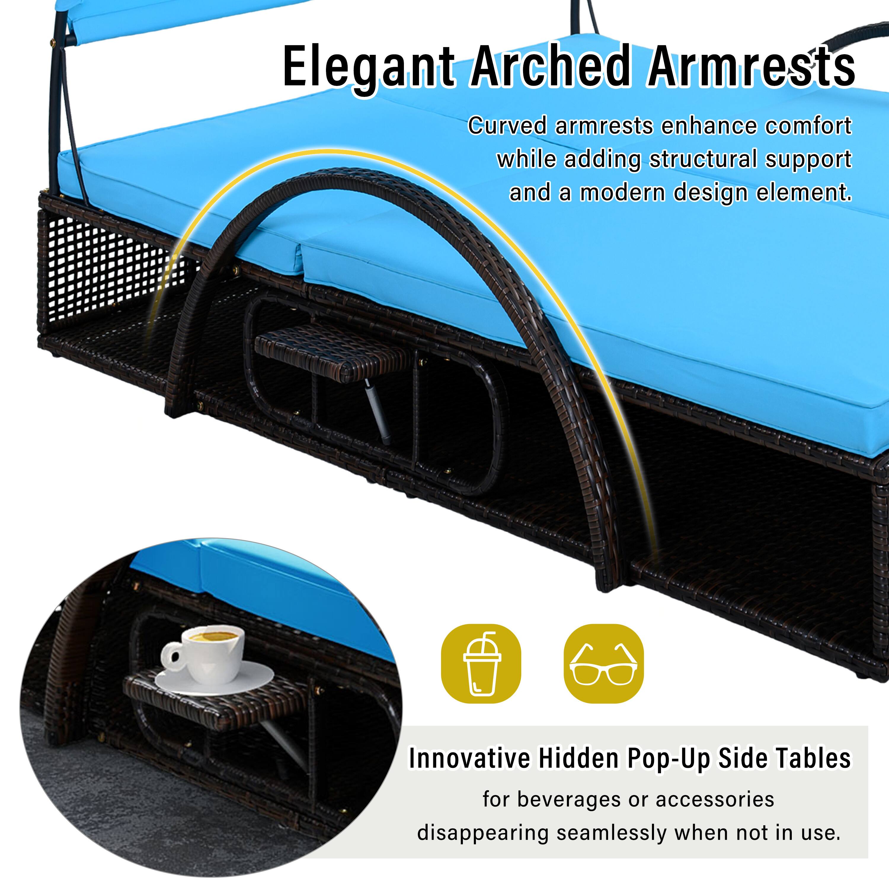 Elegant Arched Armrests  
Curved armrests enhance comfort while adding structural support and a modern design element.  

Innovative Hidden Pop-Up Side Tables  
for beverages or accessories disappearing seamlessly when not in use.
