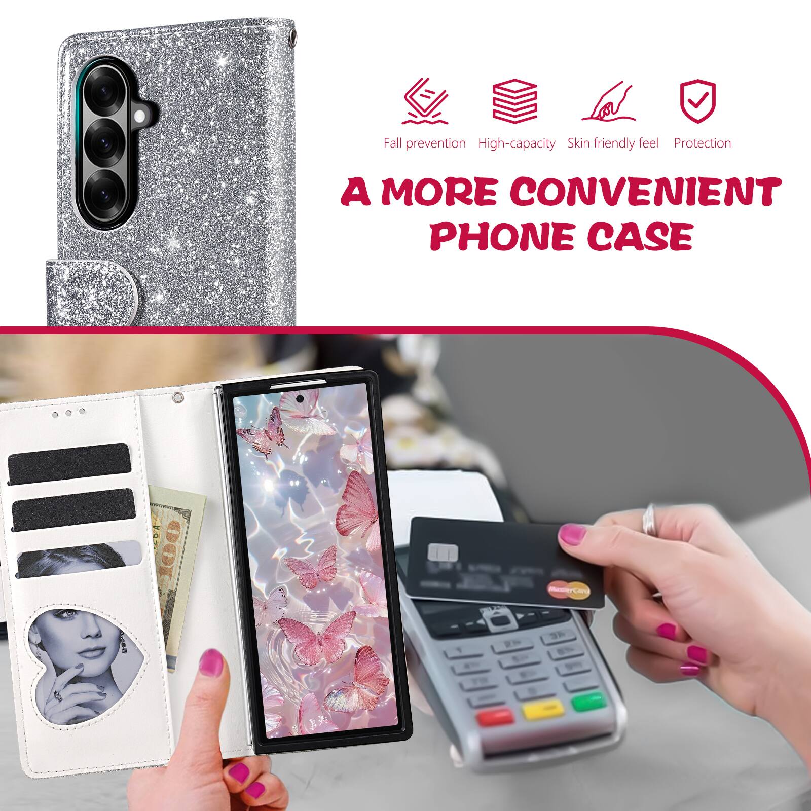 Fall prevention  
High-capacity  
Skin friendly feel  
Protection  

A MORE CONVENIENT PHONE CASE
