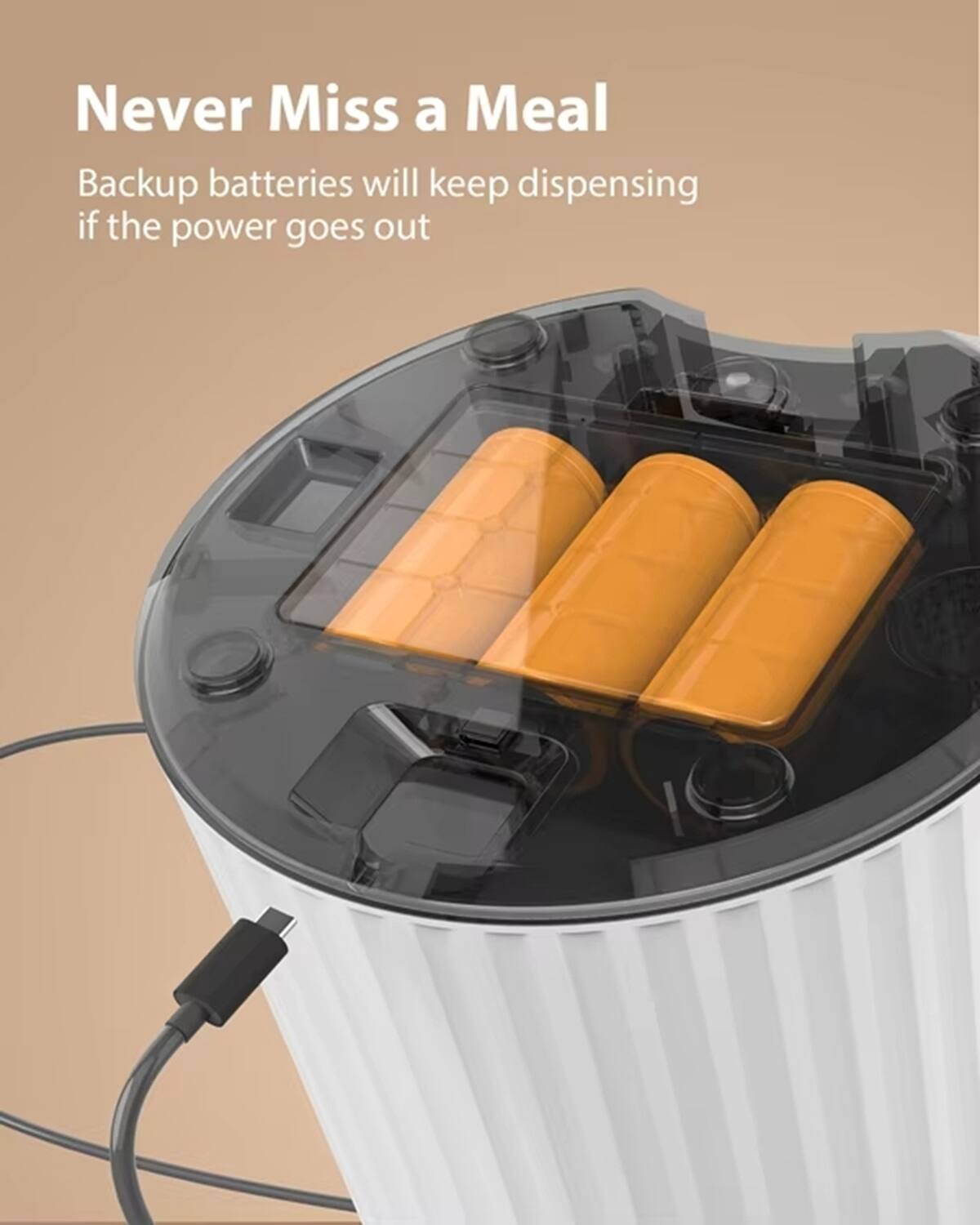 Never Miss a Meal

Backup batteries will keep dispensing if the power goes out