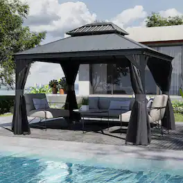 Mondawe - 10x12 Metal Gazebo With Resin Roof ,Curtains and Mosquito Netting Included - Dark Gray
