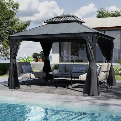Front. Mondawe - 10x12 Metal Gazebo With Resin Roof ,Curtains and Mosquito Netting Included - Dark Gray.
