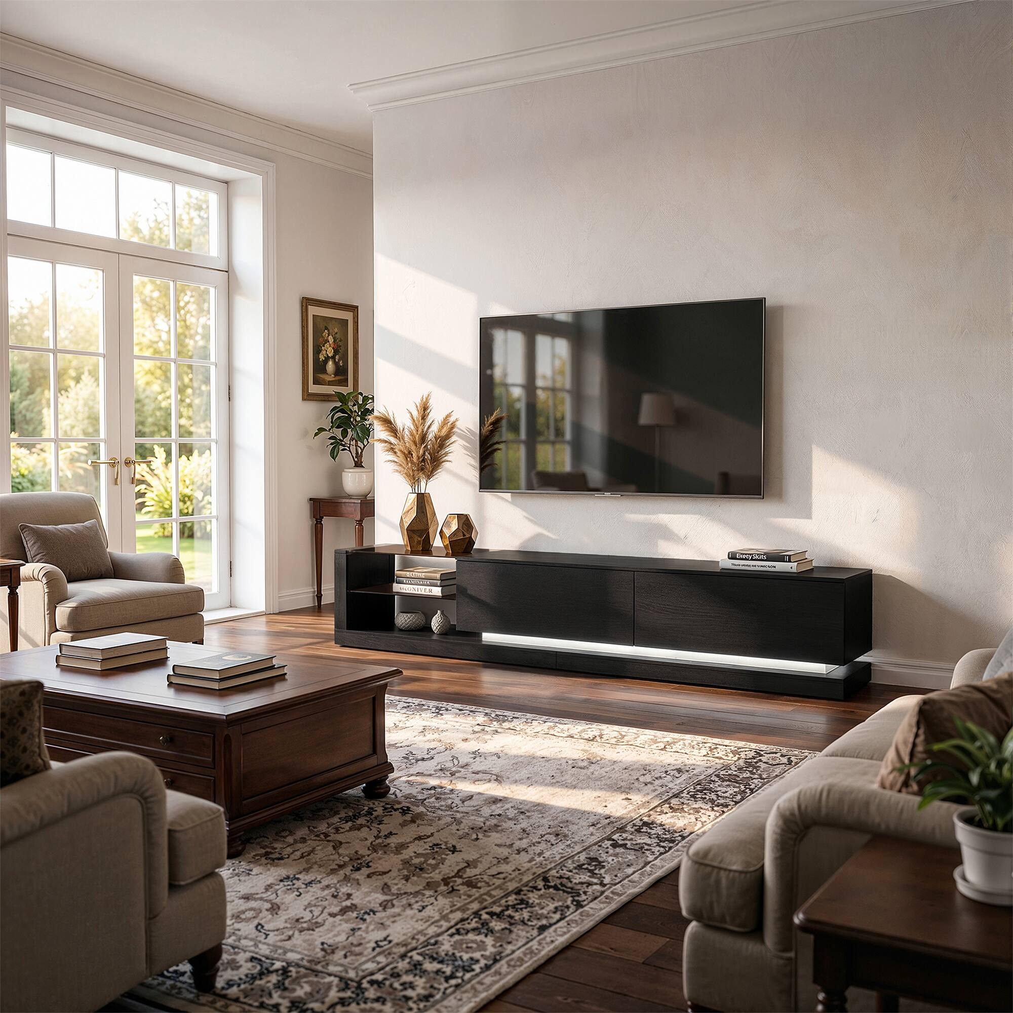 Angle. Famapy - Modern 89" Floating TV Stand with LED Lights, Tempered Glass Shelves, Media Console for 75 Inch TVs - Black.
