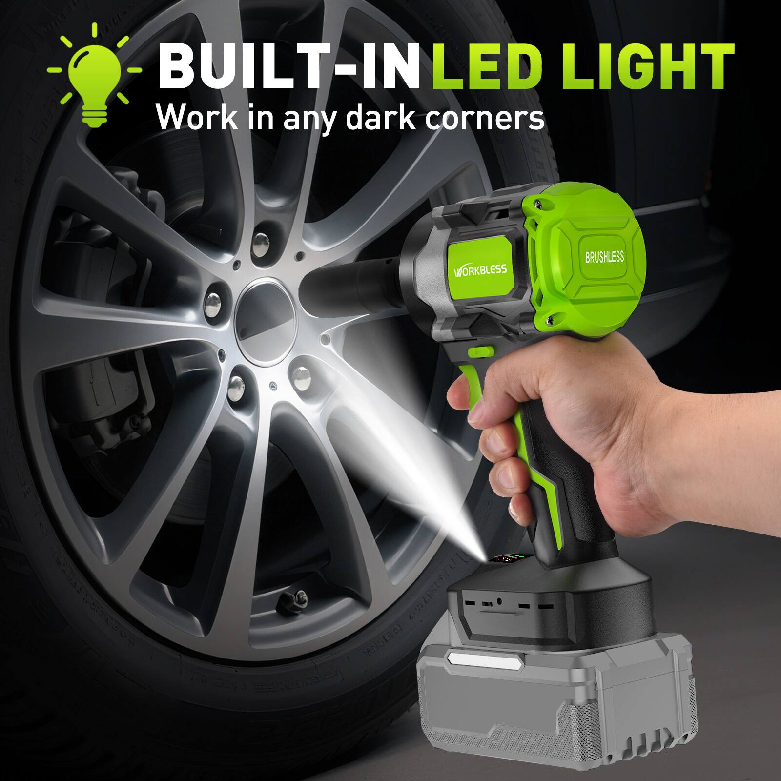 BUILT-IN LED LIGHT  
Work in any dark corners  

WORKBLESS  
BRUSHLESS