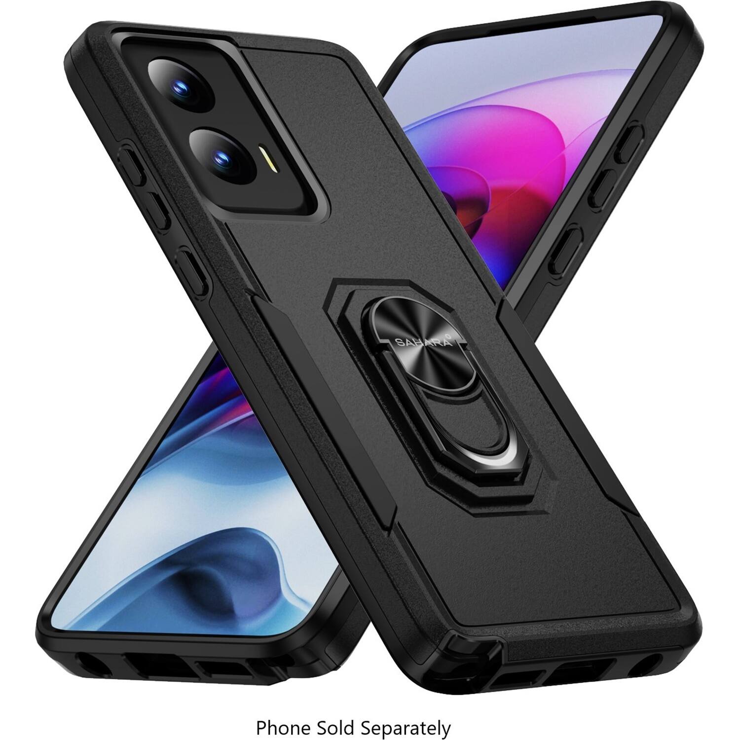 The image features a black case for a phone, with the phone itself visible through the case. The case is designed to protect the phone from scratches and other damage. The phone is not sold separately, but rather as a package with the case included.