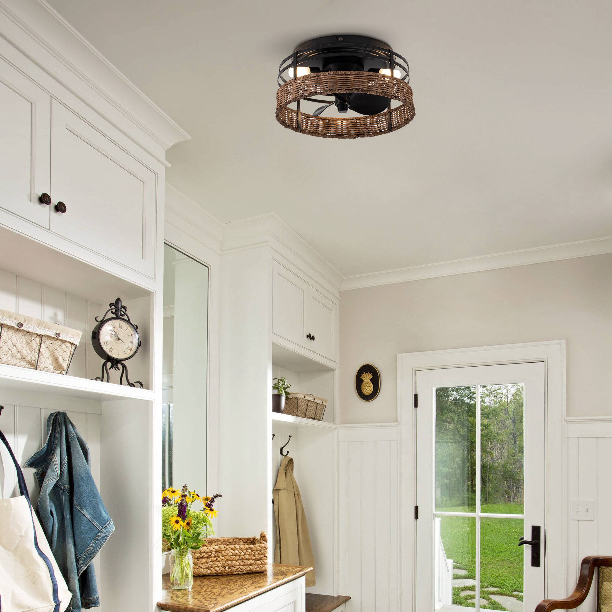 Left. Parrot Uncle - 13" Farmhouse Flush Mount Ceiling Fan with Light and Remote - Matte Black.