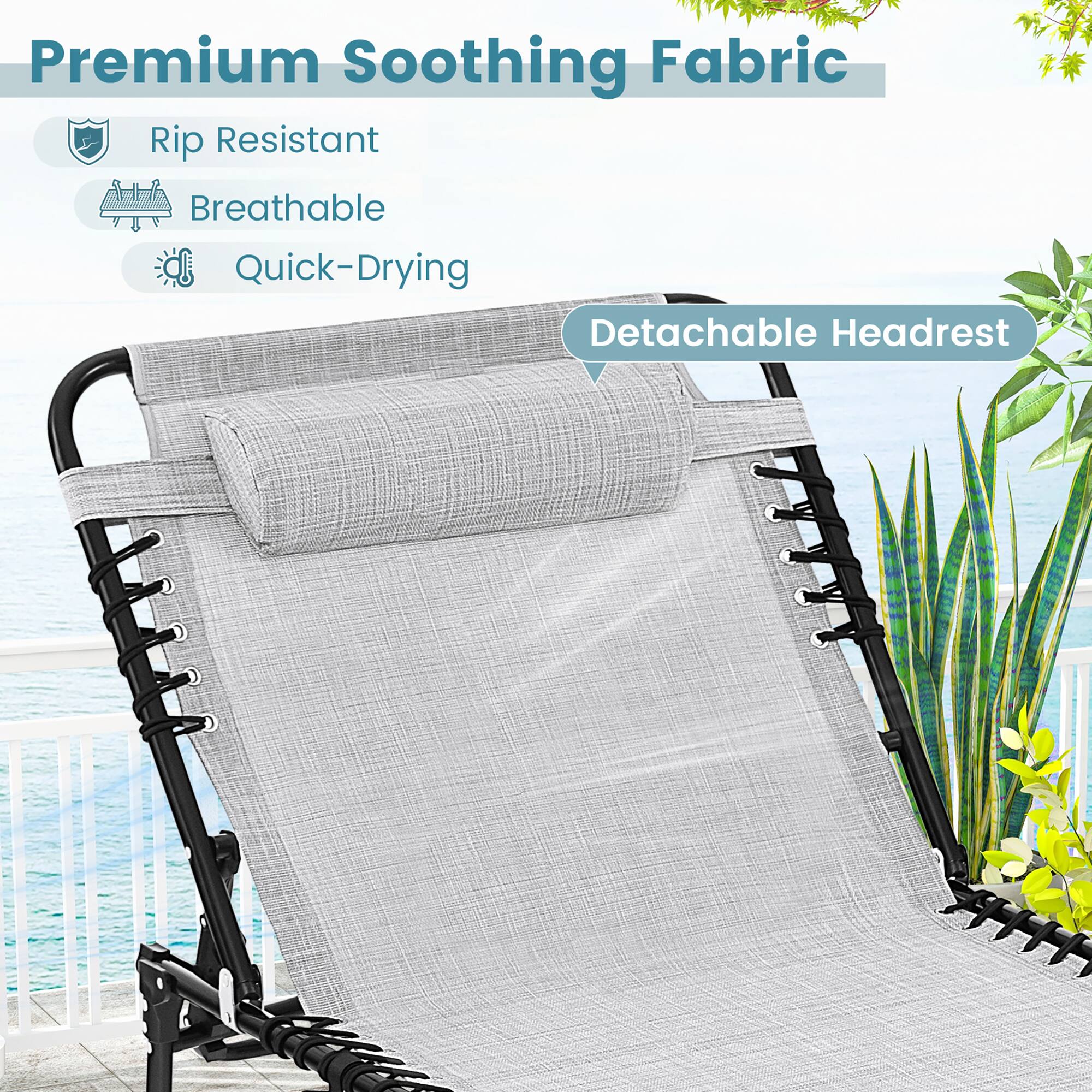 Premium Soothing Fabric

- Rip Resistant
- Breathable
- Quick-Drying

Detachable Headrest