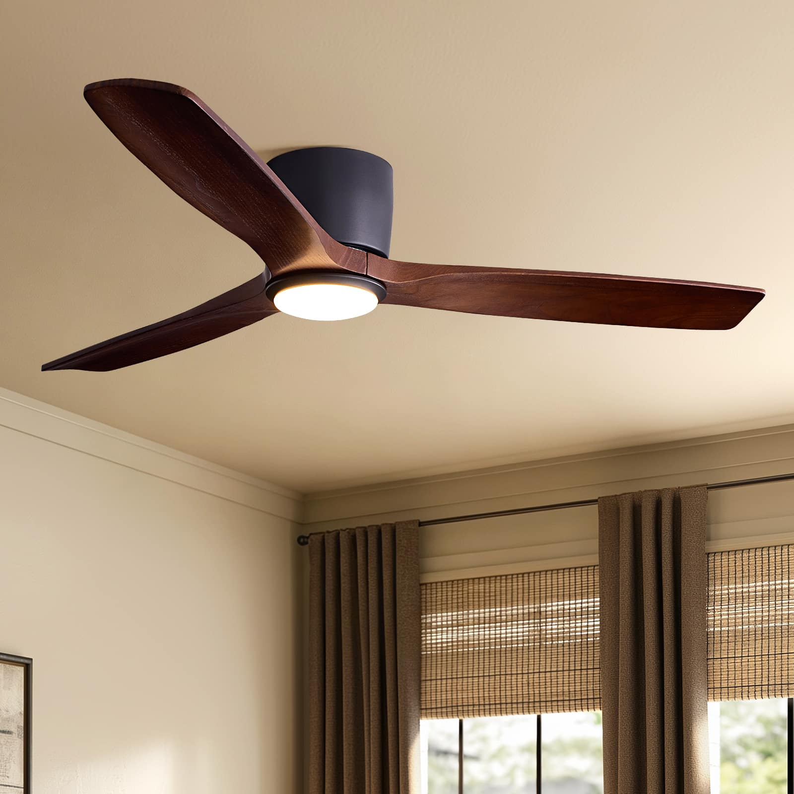 Siljoy - 52 Inch Dark Wood Grain 3-Blade Flush Mount LED Ceiling Fan for Living Room Bedroom and Kitchen - Brown price history on PriceWatchPro