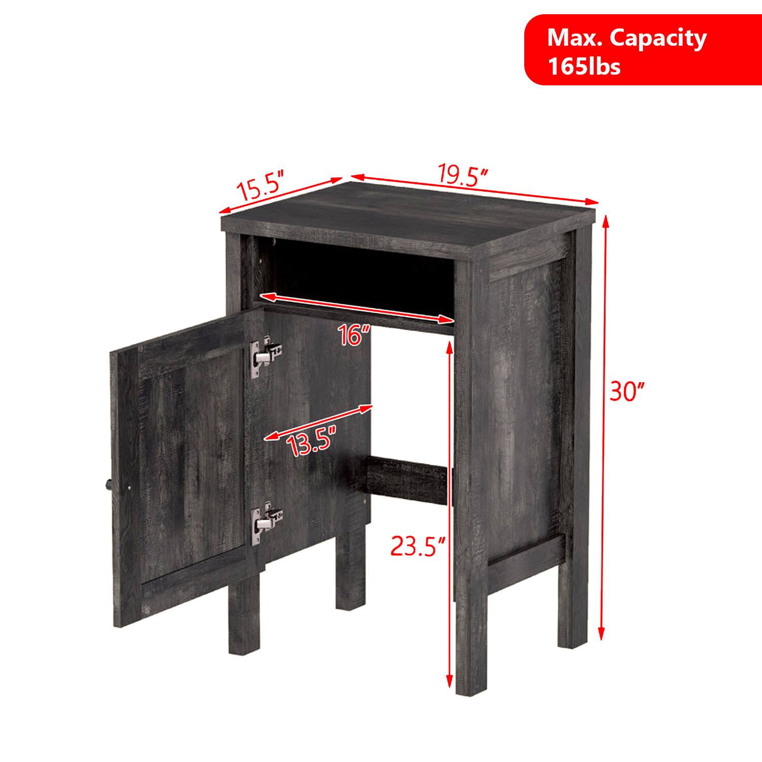 Max. Capacity 165lbs  
15.5" x 19.5" x 16"  
P 13.5" x 30" x 23.5"