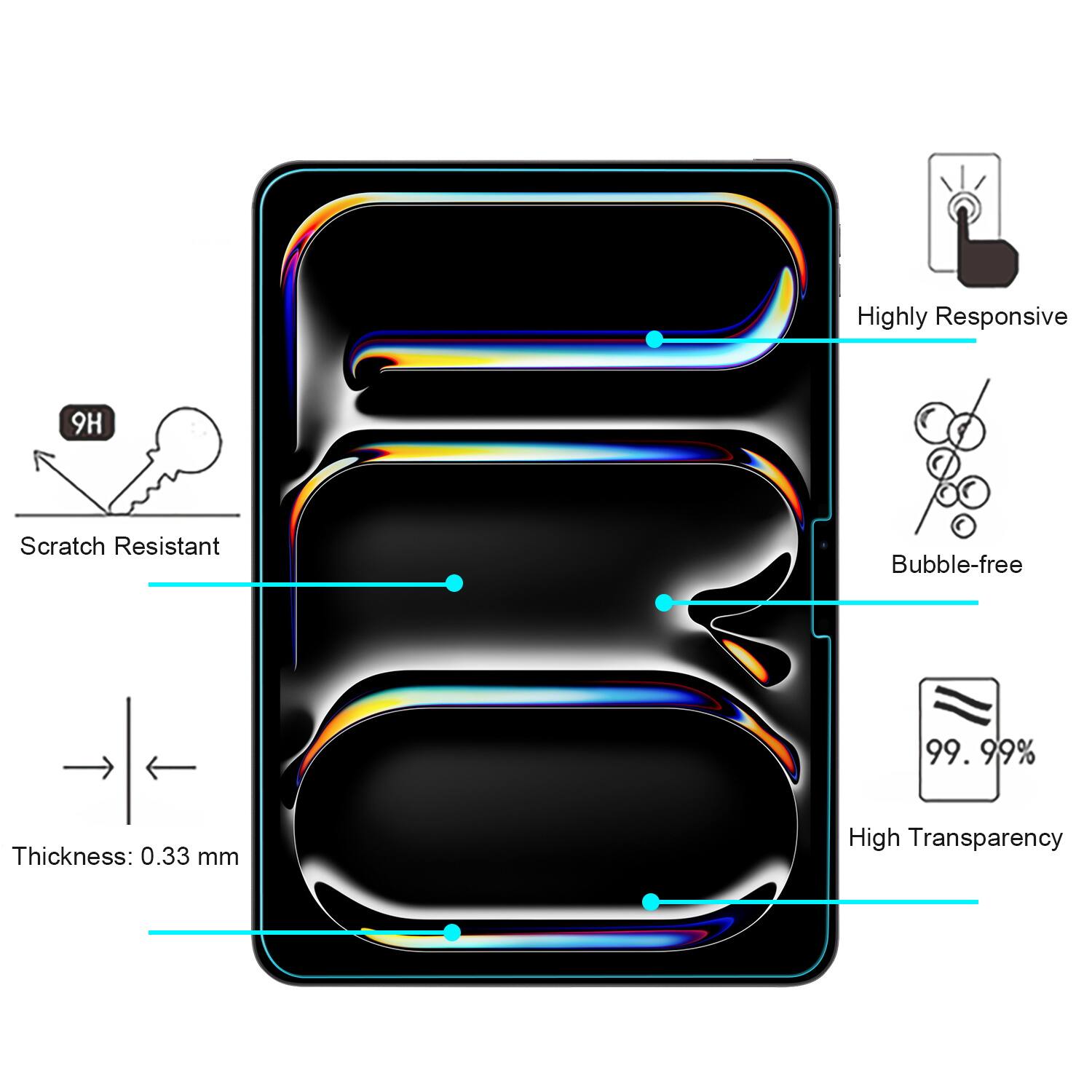 - Highly Responsive
- 9H Scratch Resistant
- Bubble-free
- High Transparency
- Thickness: 0.33 mm
- 99.99%