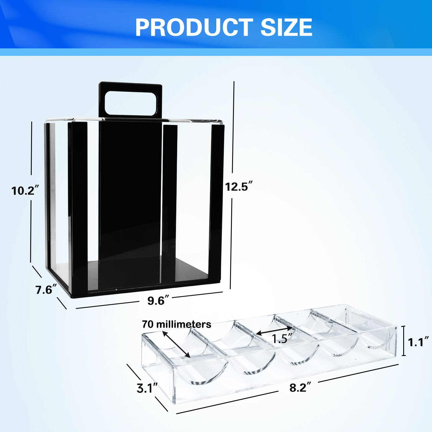 PRODUCT SIZE: 10.2", 12.5", 7.6", 9.6", 70 millimeters, 1.5", 1.1", 3.1", 8.2"