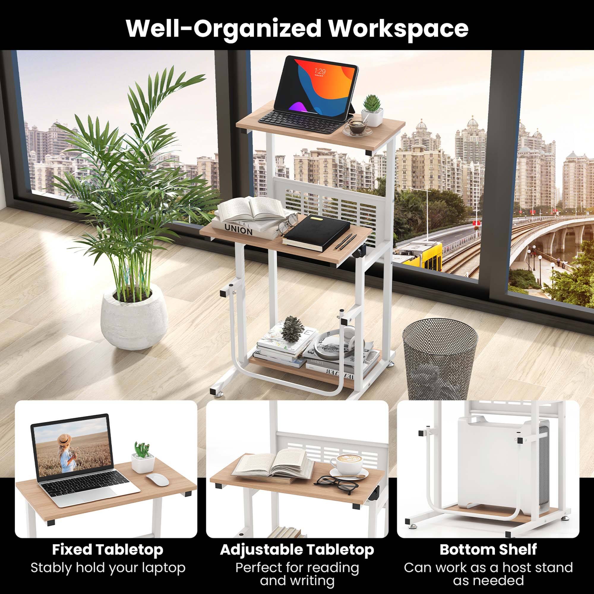 Well-Organized Workspace

1.29 - UNION ERTA EA

Fixed Tabletop
Stably hold your laptop

Adjustable Tabletop
Perfect for reading and writing

Bottom Shelf
Can work as a host stand as needed
