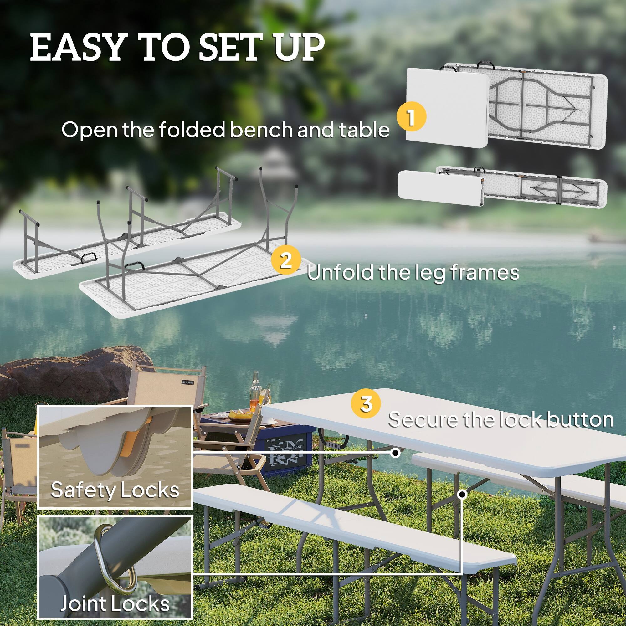 EASY TO SET UP
1. Open the folded bench and table
2. Unfold the leg frames
3. Secure the lock button
Safety Locks
Joint Locks