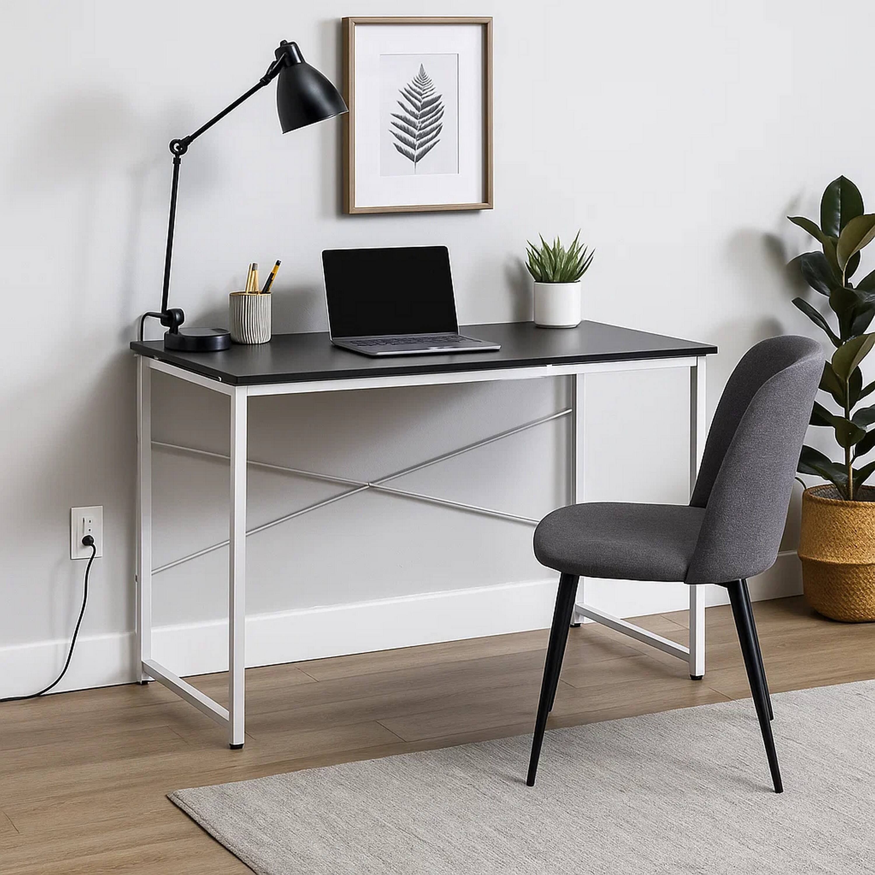 Alt View 3. Manhattan Lane - Writing Desk with X Shaped Crossbar Support, Black and White - White, Black.