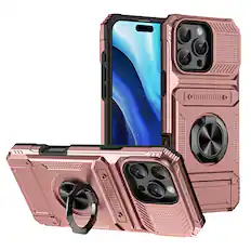 Front. Dteck - Rugged Case For Apple iPhone 14 Pro Max Ring Holder Kickstand Magnetic Car Mount Hidden Card Slot Shockproof Cover - Rosegold.