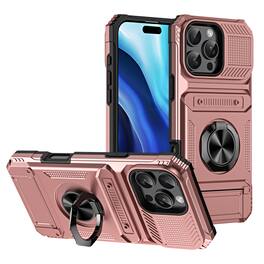 Dteck - Rugged Case For Apple iPhone 14 Pro Max Ring Holder Kickstand Magnetic Car Mount Hidden Card Slot Shockproof Cover - Rosegold
