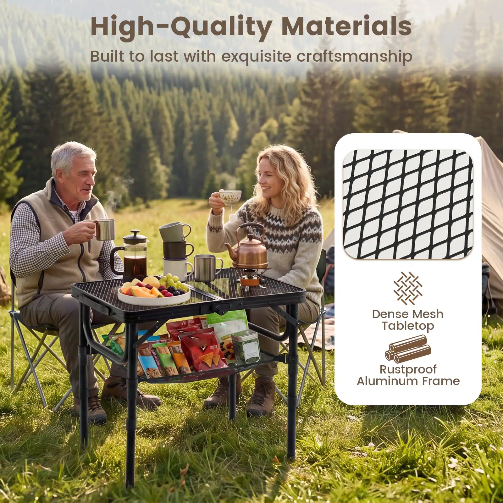 High-Quality Materials  
Built to last with exquisite craftsmanship  

Dense Mesh Tabletop  
Rustproof Aluminum Frame