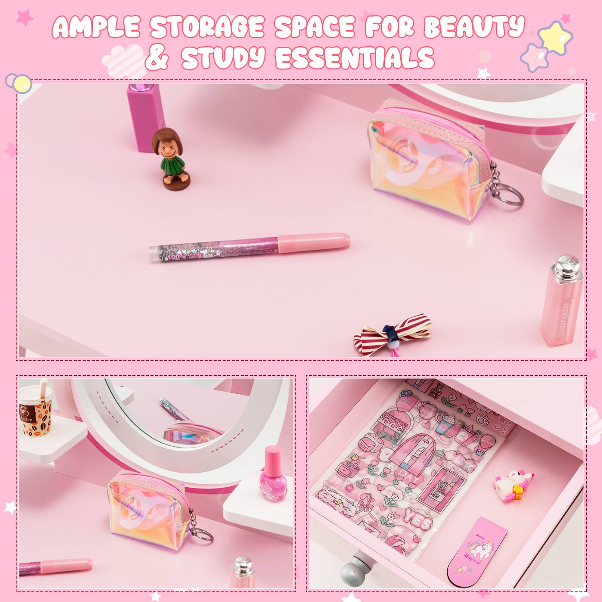The corrected text from the image is:

"AMPLE STORAGE SPACE FOR BEAUTY & STUDY ESSENTIALS"