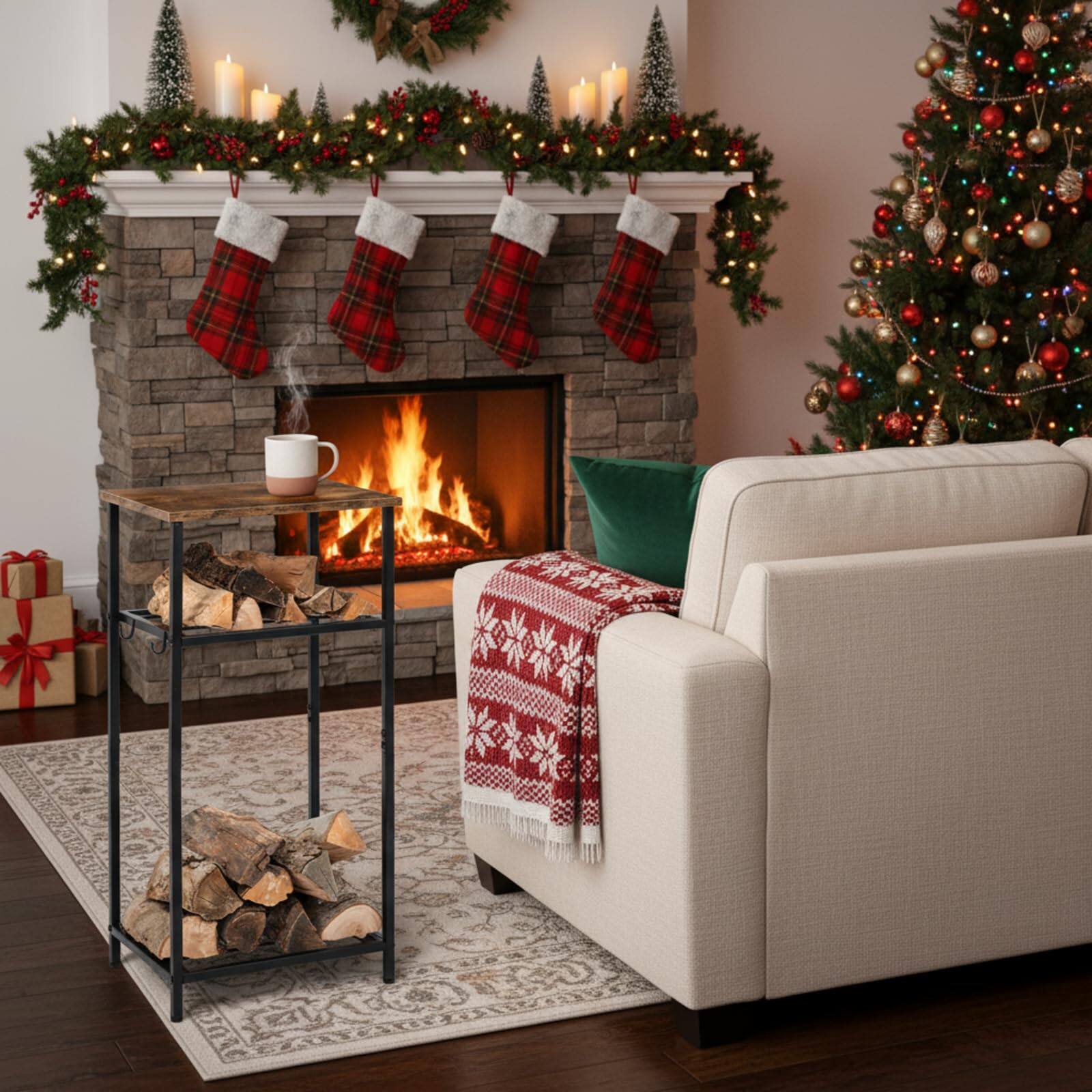 Alt View 3. JETRANSPORT - Firewood Rack Indoor Outdoor 32.3 Inch Metal 2-tier Holder Coffee Table With 4 Hook Adjustable Feet Pads - Default.