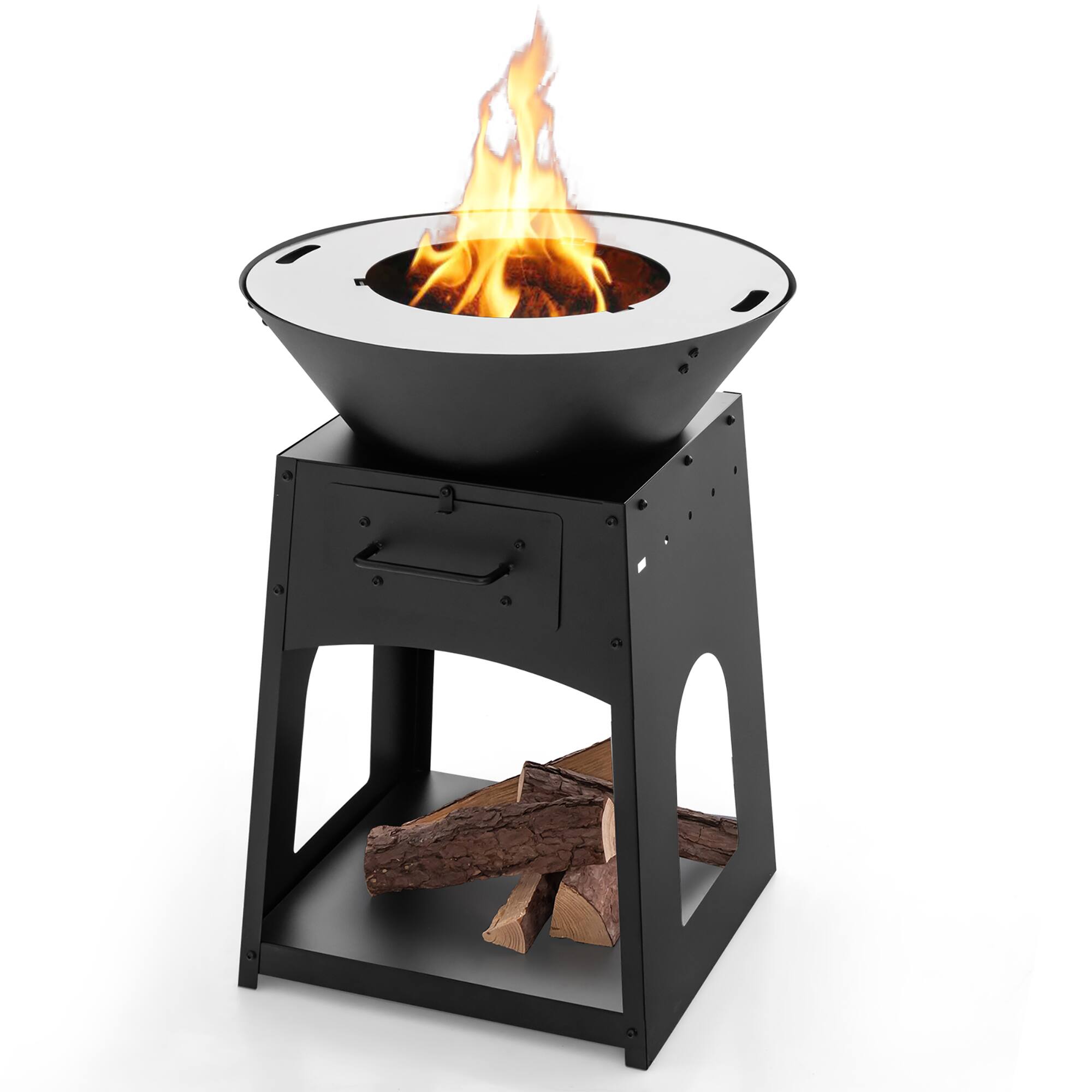 Alt View 8. Gymax - Gymax Patio Fire Pit w/ Firewood Log Rack Outdoor Wood Burning Fireplace w/ Grill & Ash Box - Black.