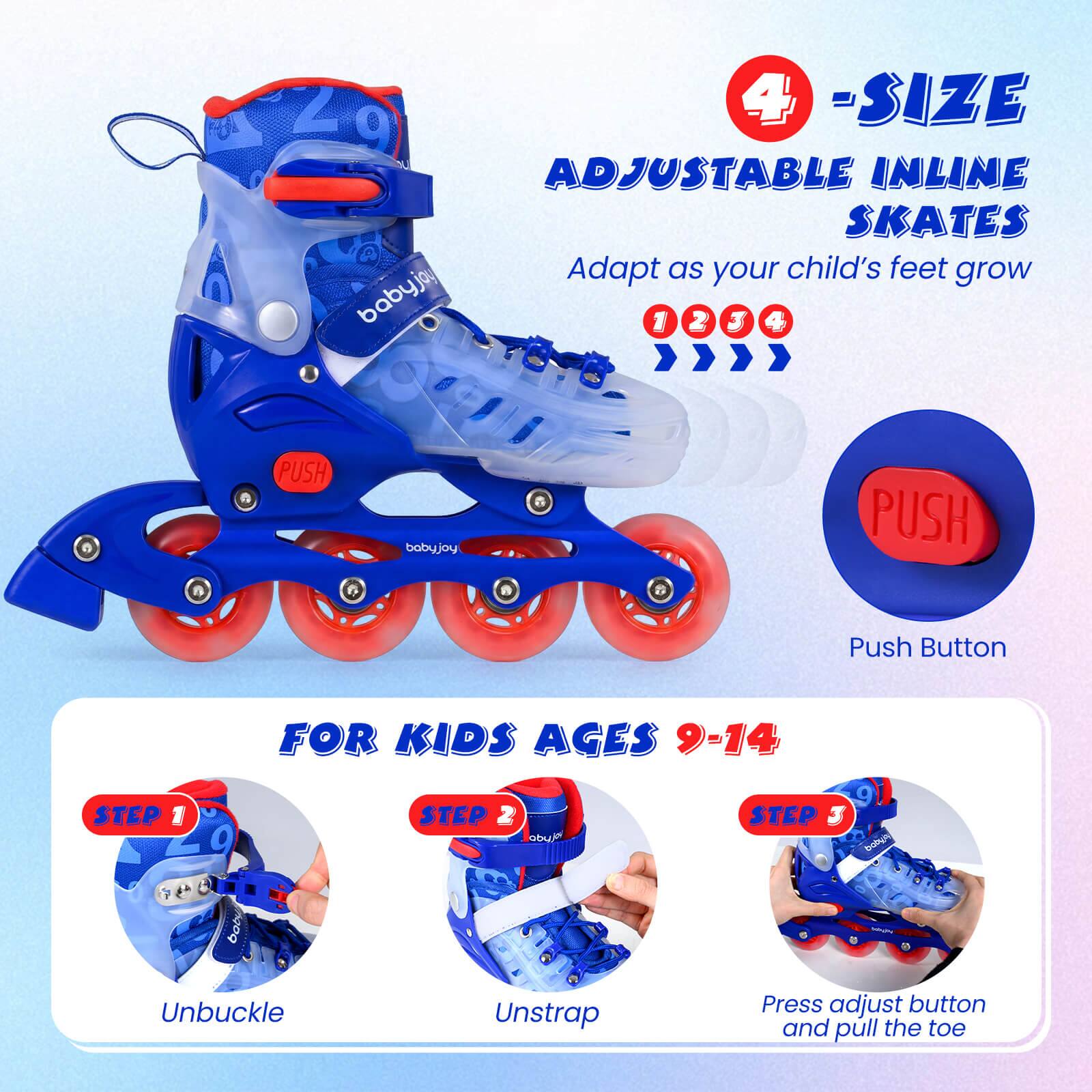 49 Z 4 -SIZE 3 9 ADJUSTABLE INLINE SKATES Adapt as your child's feet grow babyjoy 1 2 PUSH babyjoy PUSH Push Button STEP 1 FOR KIDS AGES 9-14 9 STEP 2 STEP J by obm bot Unbuckle Unstrap Press adjust button and pull the toe