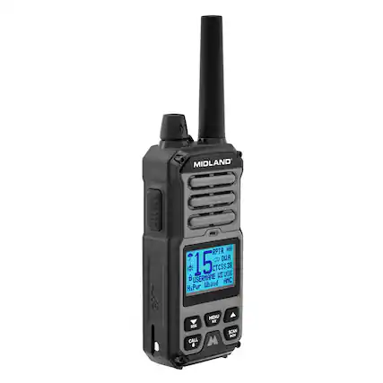 "Midland's HF Reporter with Dual Push-to-Talk, 15 CTCSS, 38 Hi-Power LBand, SO-2R, Call Alert, Menu, Weather Scan, and Hi-Pur LBand S.O.S. Call."