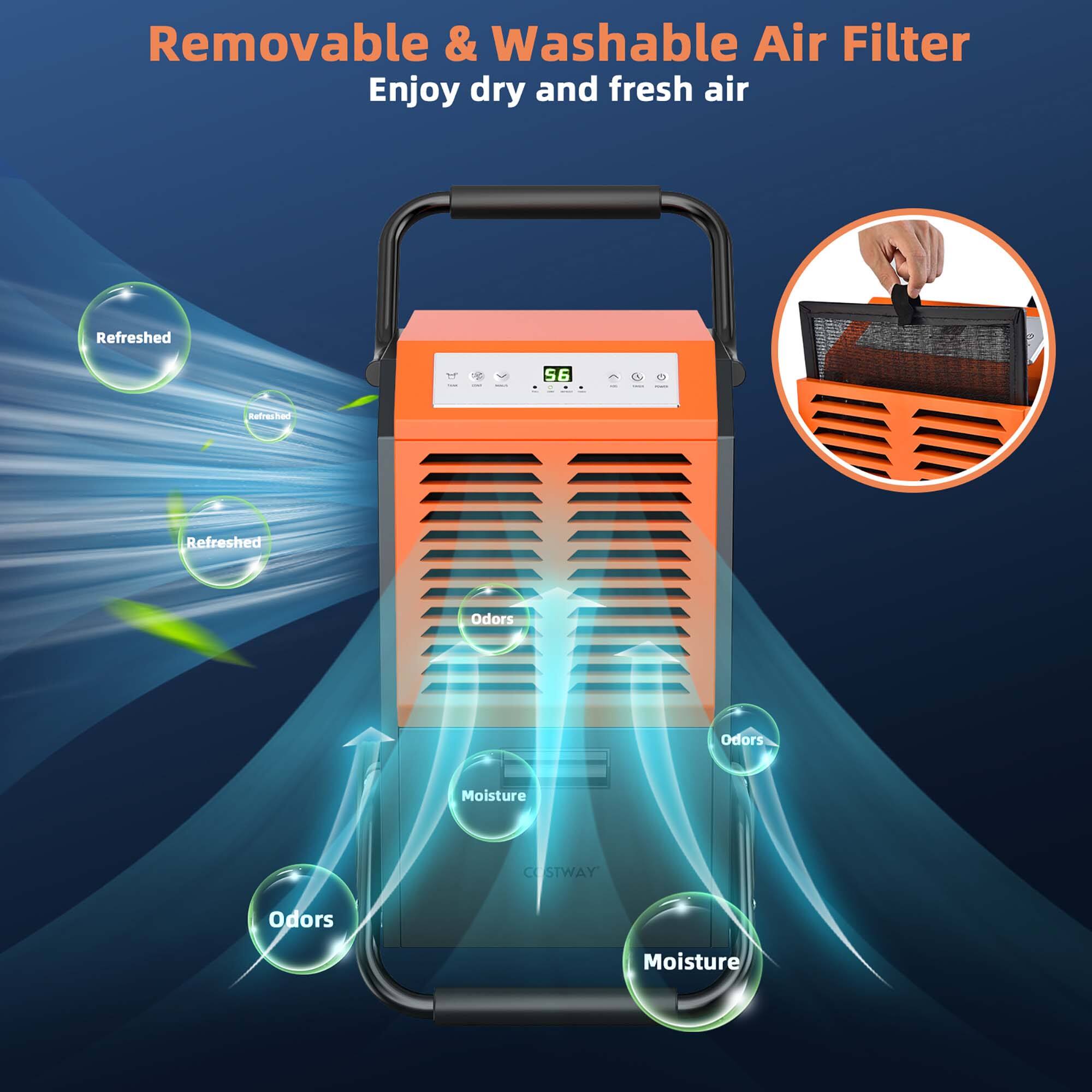Removable & Washable Air Filter: Enjoy dry and fresh air. Refreshed 1 C | 56 I | Refreshed Odors Odors Moisture COSTWAY Odors Moisture.