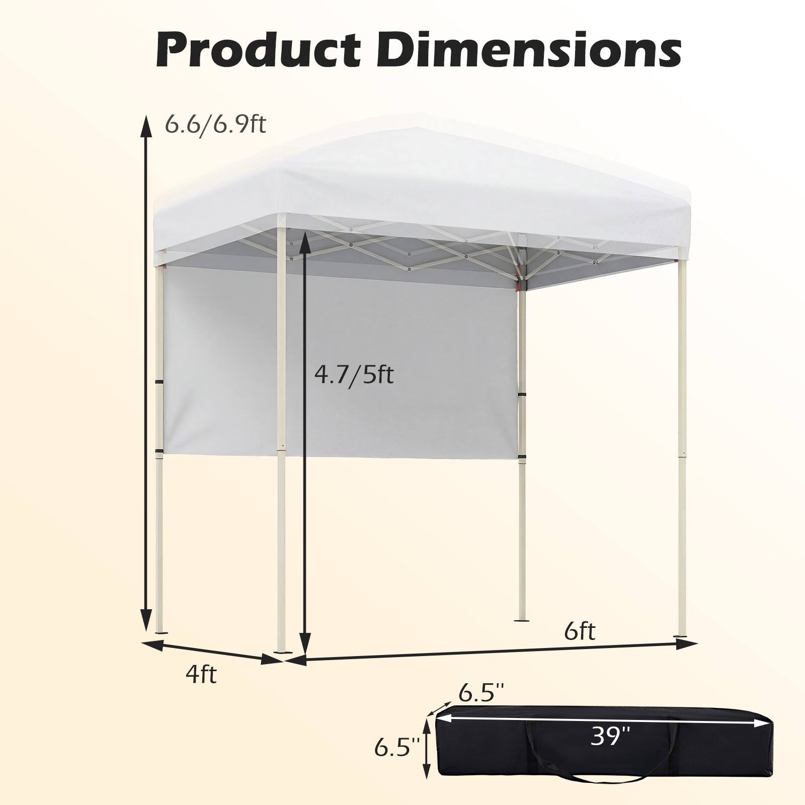 Product Dimensions

- Height: 6.6/6.9ft
- Width: 6ft
- Depth: 4ft
- Side Height: 4.7/5ft
- Base Width: 6.5"
- Base Depth: 6.5"
- Bag Dimensions: 39" x 6.5"