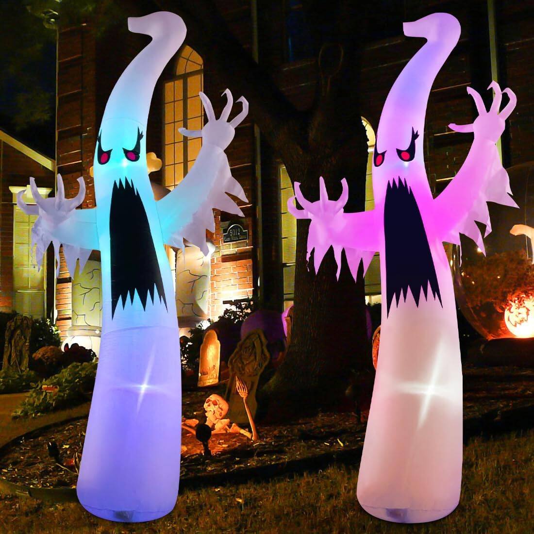 Left. GOOSH Inflatables - GOOSH 12FT Tall Inflatable Halloween Ghost Yard Decoration, Rainbow Color-LED Lights - White.