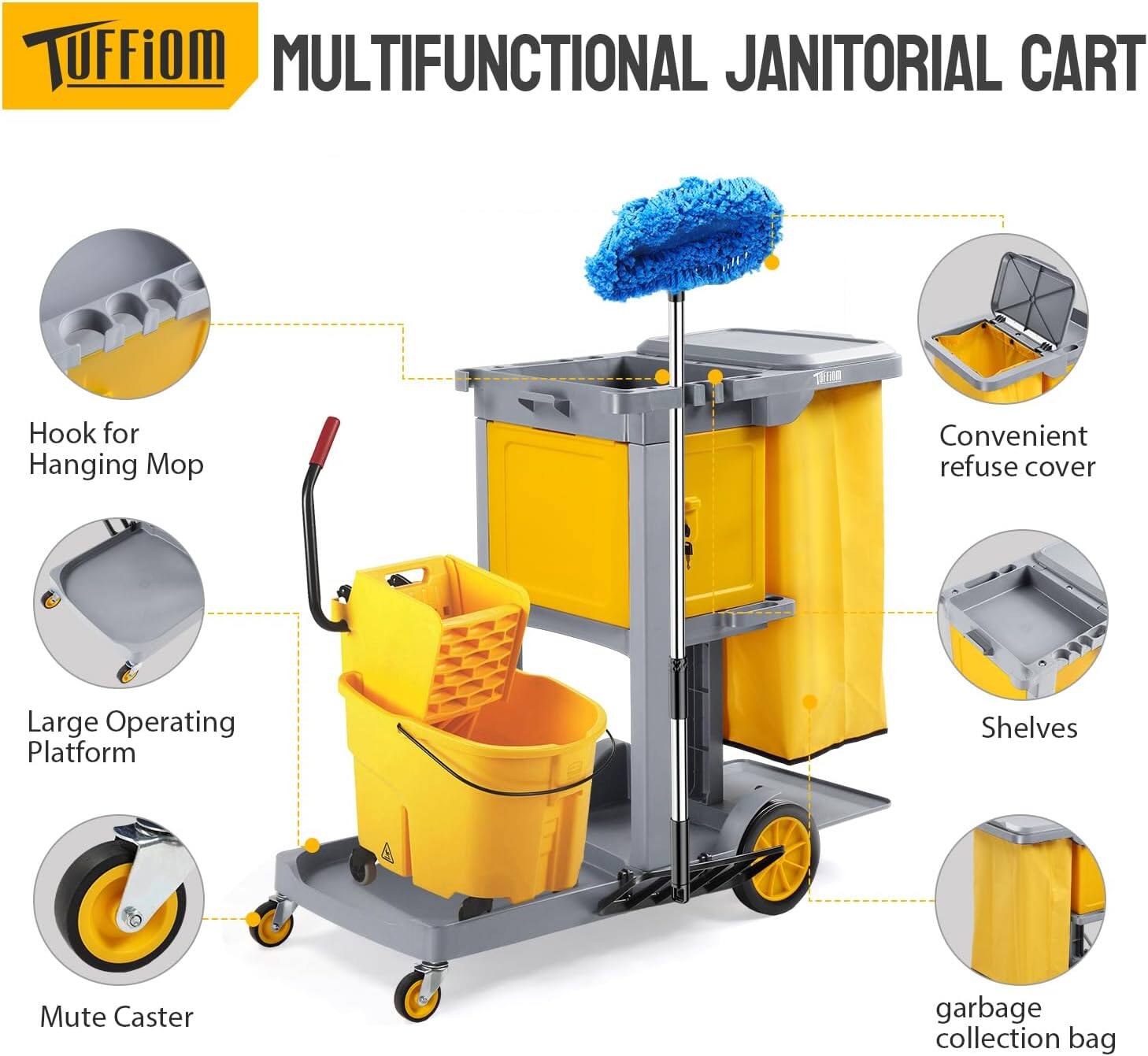 TUFFiom MULTIFUNCTIONAL JANITORIAL CART

- Hook for Hanging Mop
- Convenient refuse cover
- Large Operating Platform
- Shelves
- Mute Caster
- garbage collection bag