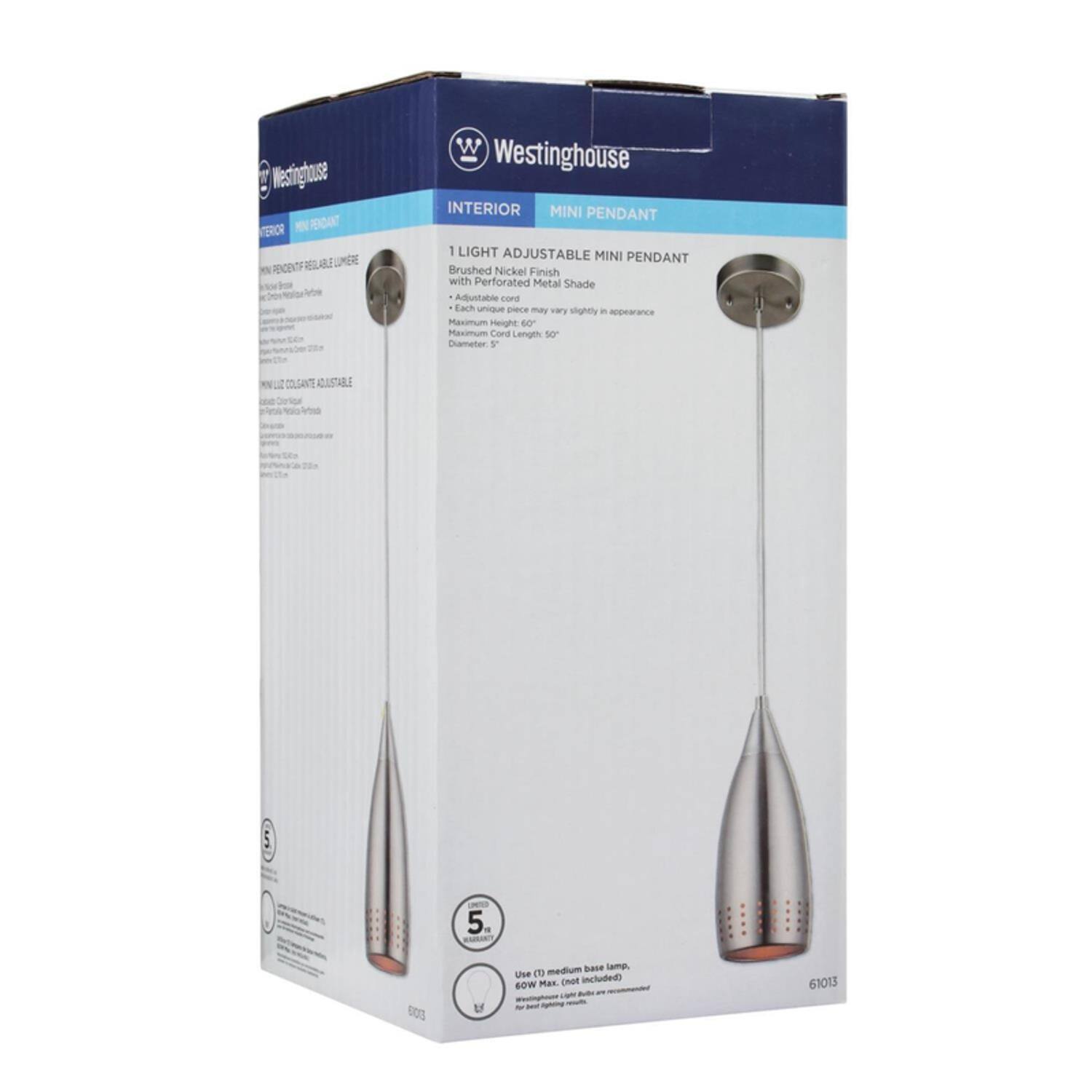 Westinghouse Interior Mini Pendant 1 Light Adjustable Mini Pendant Brushed Nickel Finish with Perforated Metal Shade Adjustable Cord Length Maximum Height: 5 - 55" Medium Base Lamp Use E26 Medium Base Bulb (Not Included)