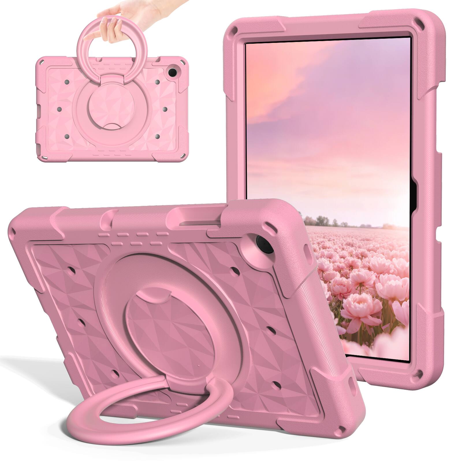Angle. UUCOVER - Kids Case for iPad (A16) 11-inch 2025 /iPad 10th Gen 10.9" 2022 Shockproof EVA Handle Stand Cover with Shoulder Strap - Pink.