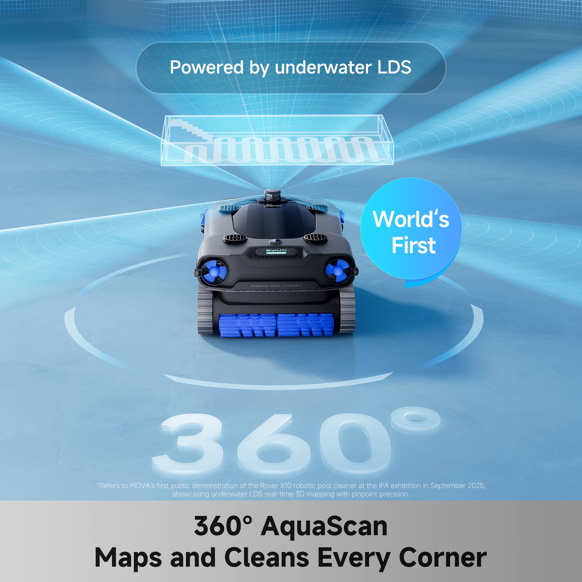 Powered by underwater LDS

World's First

360° AquaScan Maps and Cleans Every Corner

*Refers to MOVA's first public demonstration of the Rover X10 robotic pool cleaner at the IFA exhibition in September 2025, showcasing underwater LDS real-time 3D mapping with pinpoint precision.