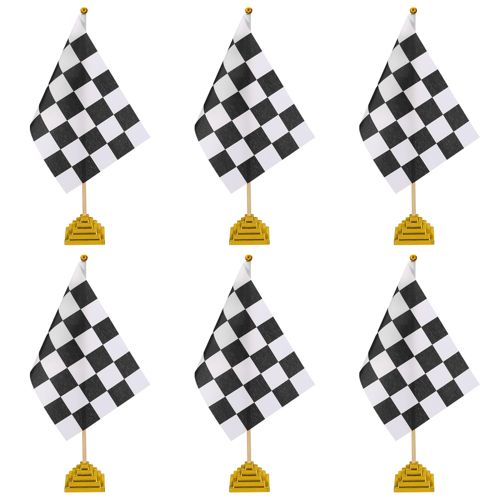 Unique Bargains - 6pcs 12" B/W Checkered Table Flag for Racing/Sport Party, Bamboo Stick & Gold Square Base - Black and White Flag, Gold Base