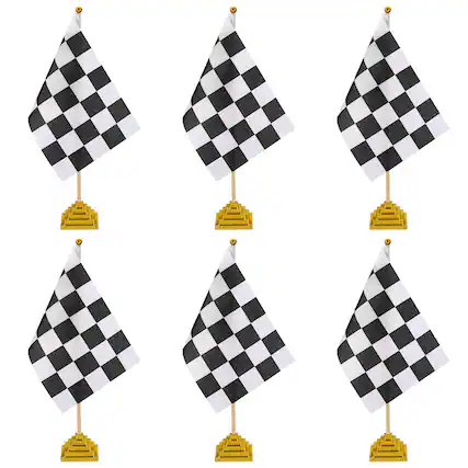 Front. Unique Bargains - 6pcs 12" B/W Checkered Table Flag for Racing/Sport Party, Bamboo Stick & Gold Square Base - Black and White Flag, Gold Base.
