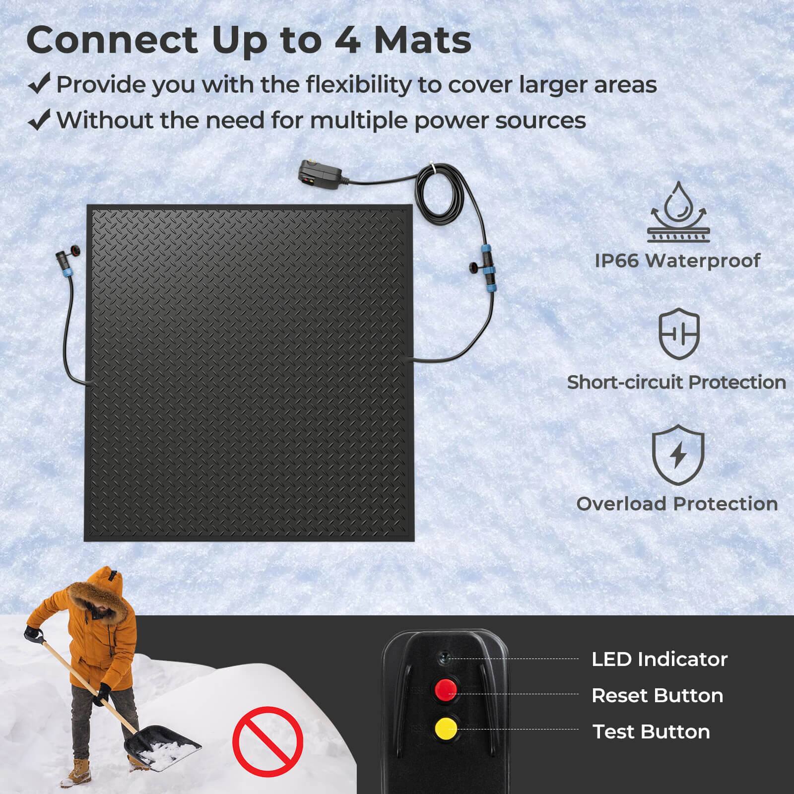 Connect Up to 4 Mats: Provide you with the flexibility to cover larger areas without the need for multiple power sources. IP66 Waterproof: Short-circuit Protection: Overload Protection: LED Indicator: Reset Button: Test Button.