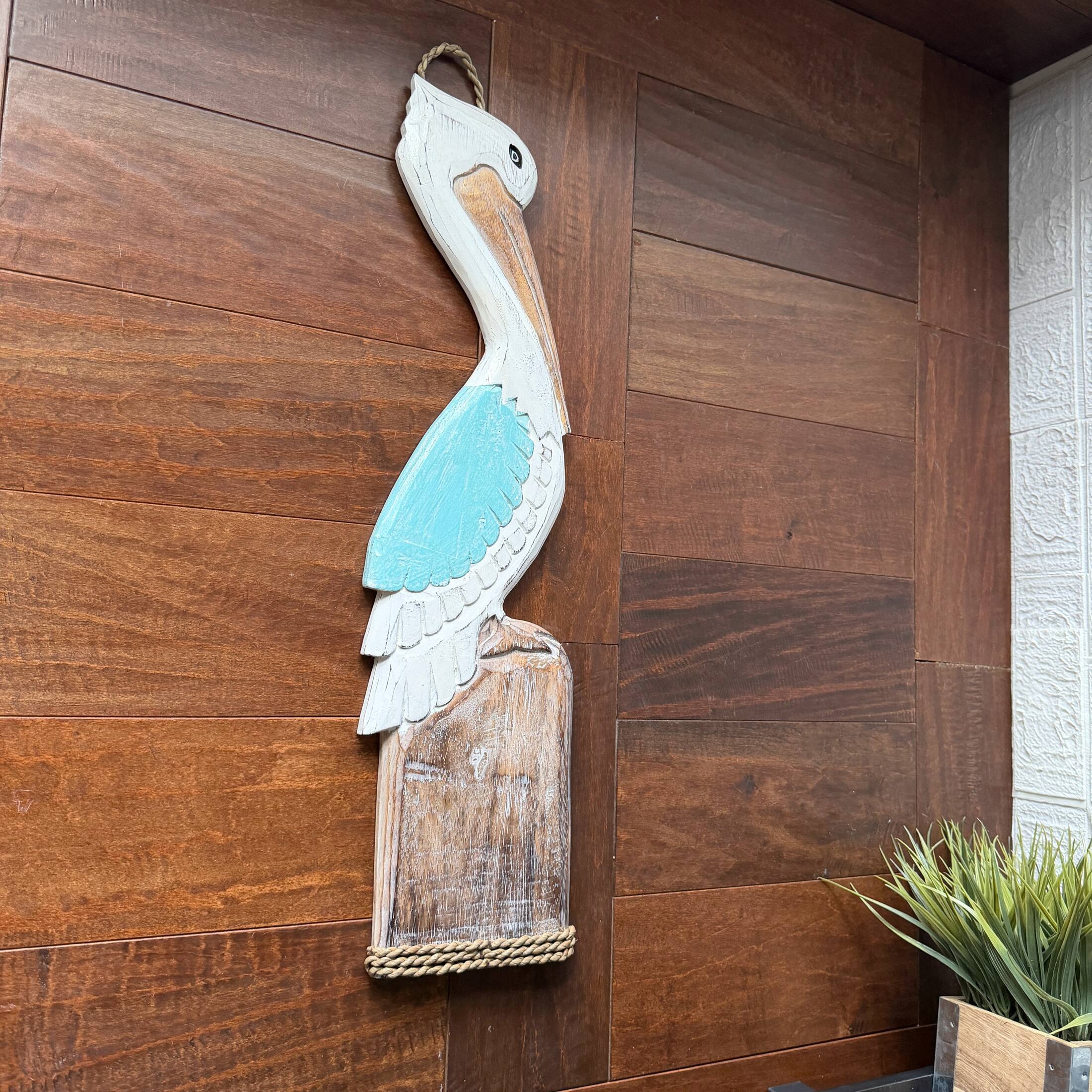 Alt View 4. Chesapeake Bay - Hand Carved Wood Pelican Wall Plaque Aqua Coastal Rope Accent 24 Inch - Aqua.