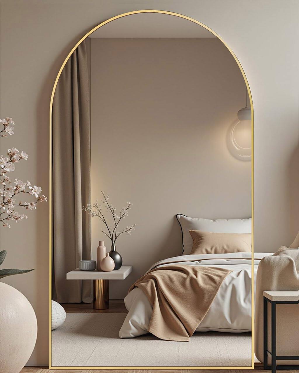Front. Hanke - Arched Full Length Mirror - Wall floor Mounted With Stand Shatter-proof Glass & Aluminum Frame Body Bedroom - 76"x34"gold 76"L x 34"W.